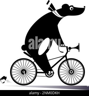 Ein lustiger Bär fährt eine Fahrradzeichnung. Ein Cartoon-Bär fährt ein Fahrrad, schwarz auf weiß Stock Vektor