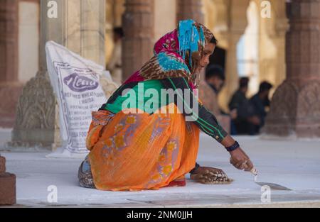 Eine indische Arbeiterin, die Reparaturen an Pflastersteinen durchführt, gekleidet in traditioneller Kleidung in schönen, leuchtenden Farben. Ein Bild von Stärke und Schönheit Stockfoto