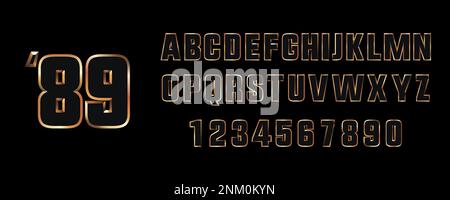 89 Jahre Alphabet-Stil. Schwarze Zahlen und Buchstaben mit goldenen Strichen. Goldene Typografie-Vektordatei. Zeichensammlung in der Ästhetik der 90er und 80er Jahre. Stock Vektor