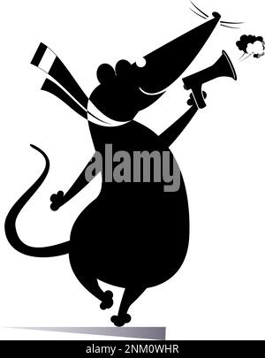 Lustige Ratte oder Maus macht Ankündigung zu Megaphon Illustration. Cartoon Ratte oder Maus schreit zu Megaphon schwarz auf weiß Stock Vektor