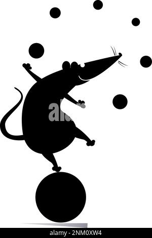 Equilibrist Ratte oder Maus auf dem großen Ball jongliert mit den Bällen Illustration. Lustige Ratte oder Maus balanciert auf dem großen Ball und jongliert mit den Bällen schwarz auf W. Stock Vektor