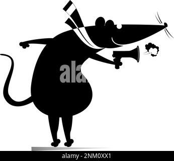 Ratte oder Maus, Megafon und Nachrichten, isolierte Illustration. Cartoon-Ratte oder Maus mit Megafon macht Ankündigungen schwarz auf weiß Stock Vektor