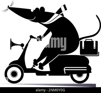 Lustige Ratte oder Maus Fahrten auf dem Roller Illustration. Cartoon Ratte oder Maus Fahrten auf dem Roller schwarz auf weiß Stock Vektor