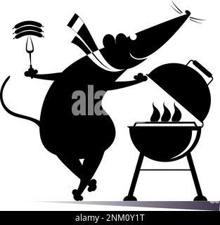 Bratwürste und Ratte oder Maus. Cartoon-Ratte oder Maus braten Würste und Steaks auf dem Grill Schwarz auf Weiß Illustration Stock Vektor
