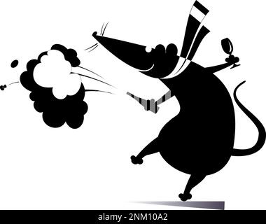 Cartoon-Ratte oder -Maus, Flasche und Champagner-Spritzer, isolierte Illustration. Comic-tanzende Ratte oder Maus hält eine Flasche Wein oder Champagner und ein Glas Stock Vektor