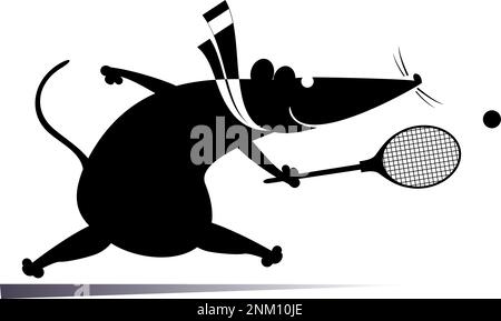 Lustige Ratte oder Maus spielt Tennis Illustration. Cartoon Ratte oder Maus spielt Tennis schwarz auf weiß Stock Vektor