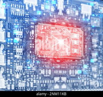 Röntgenaufnahme der CPU auf der Leiterplatte. Blauer abstrakter Technologiehintergrund. Abbildung der Hauptplatine Stockfoto