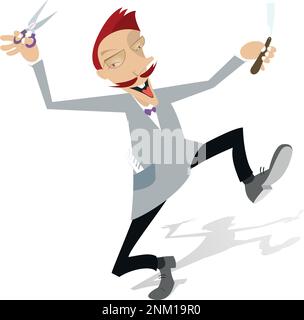 Lustiger Cartoon-Friseur mit Schere und Rasiermesser. Mit einem lächelnden Schnurrbart, mit Schere und Rasiermesser isoliert auf weißer Illustration Stock Vektor