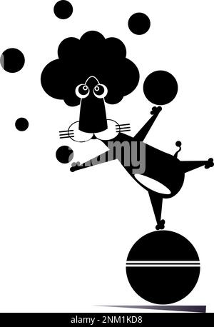 Lion juggling with balls isolated illustration. Cartoon lion balances on the ball and juggles black on white illustration Stock Vektor