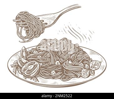 Pasta mit Oliven und Petersilie, Gabel mit Spaghetti. Italienische Essensskizze. Handgezeichnete Vektordarstellung Stock Vektor