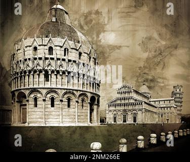 FOTOKUNST: Baptisterium von St. John, Kathedrale und Schiefer Turm, Campo dei Miracoli, Pisa, Toskana, Italien. Stockfoto