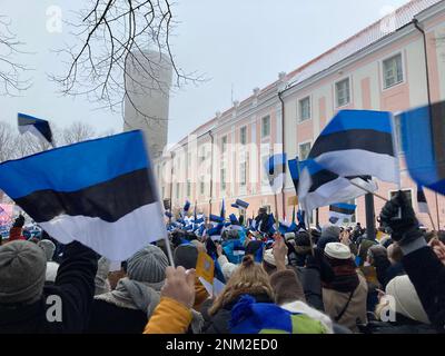 Tallinn, Estland. 24. Februar 2023. Die Menschen versammeln sich vor dem "Long Hermann", auf dem die blau-schwarz-weiße Nationalflagge während der Feierlichkeiten anlässlich des 105. Jahrestages der Republik Estland gehisst wird. Der „Long Hermann“ ist der mittelalterliche Festungsturm der Burg, in dem das estnische Parlament sitzt. Kredit: Alexander Welscher/dpa/Alamy Live News Stockfoto