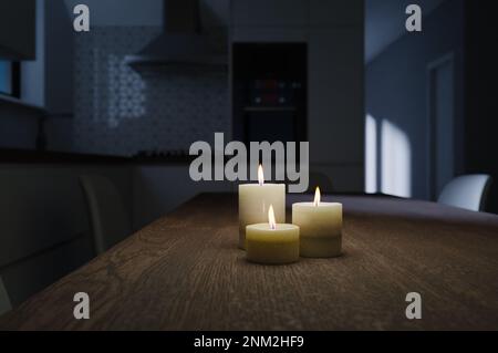 Normale Küche bei Nacht mit Mondlicht und brennenden Kerzen in 3D-Qualität. Digitale Illustration eines modernen Esszimmers zu Hause Stockfoto