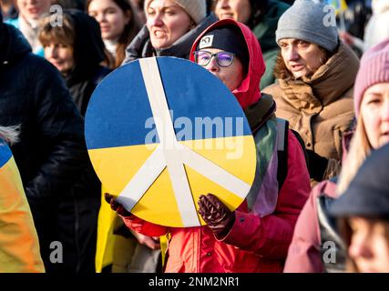 Hamburg, Deutschland. 24. Februar 2023. Ein Teilnehmer einer Demonstration gegen den Krieg in der Ukraine hält ein Plakat mit einem Friedenszeichen. Die russische Armee war am 24.02.2022 in die Ukraine eingedrungen. Kredit: Daniel Bockwoldt/dpa/Alamy Live News Stockfoto