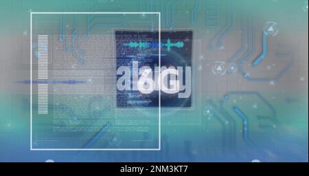 Bild der Datenverarbeitung und 6g-Text über ein Netzwerk von Verbindungen Stockfoto