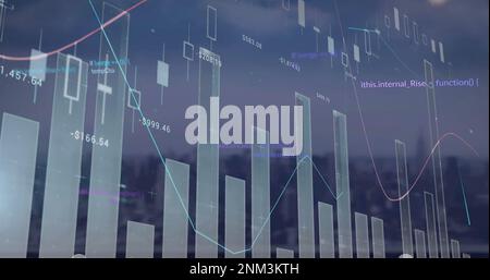 Bild der Datenverarbeitung und Diagramme über dem Stadtbild Stockfoto