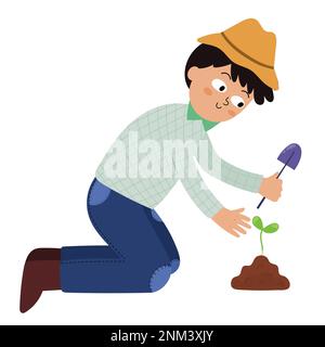 Ein Junge pflanzt einen Baum im Cartoon-Stil. Eine Person spuckt einen Sprossen mit einem Spaten Stock Vektor