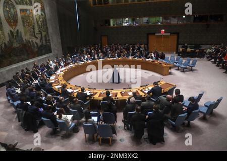 New York, USA, 24. Februar 2023, der Sicherheitsrat tritt ein Jahr nach Beginn der russischen Invasion der Ukraine am Freitag, den 24. Februar 2023, am Sitz der Vereinten Nationen zusammen. Kredit: Brasilien Photo Press/Alamy Live News Stockfoto