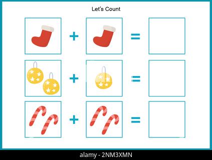 Mathematikspiel für Kinder zu Weihnachten. Lerne, Aktivitätsseiten für Vorschulkinder zu zählen Stock Vektor