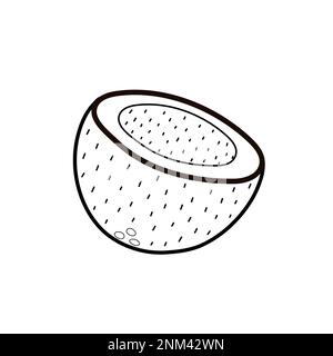 Kokosnuss in halber Ausmalseite für Erwachsene und Kinder. Schwarzweißdruck mit Kokos Stock Vektor