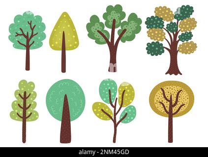 Doodle Trees Kollektion. Verschiedene Bäume mit Apfel-, Orange- und anderen Elementen Stock Vektor