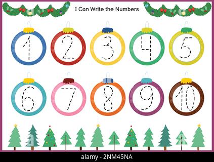 Weihnachtsspiele für Kinder. Lernen Sie, Zahlen zu schreiben, Aktivitätsseite Stock Vektor