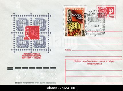 UdSSR - ca. 1970: Ein Briefumschlag mit Stempeln für die UdSSR Post am ersten Tag. Socphilex 1975. Stockfoto