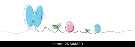 Breites, einfaches Banner mit osterhasen und Eiern auf weißem Hintergrund, Vektorgrafik im Strichkunststil und Minimalismus. Konzept - Kaninchenohr im Stock Vektor