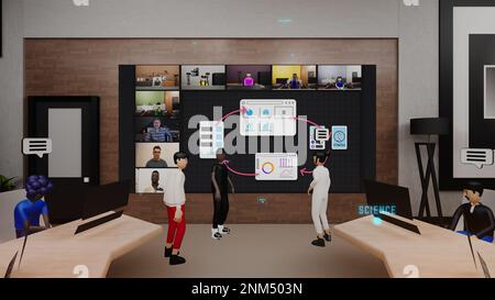 3D Render of Business-Konferenz in futuristischem virtuellem Büro. 3D Avatare mit Symbolen sprechen per Video mit Menschen. Entwicklung einer mobilen App. Zukunftstechnologien in der Wirtschaft. Konzept von Metaversum und digitaler Welt. Stockfoto