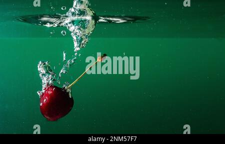 Reife Kirschen fallen ins Wasser und verursachen Spritzer und Luftblasen Stockfoto