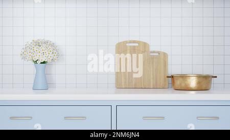 3D-mm-Holzschneidplatte, Goldtopf, Gänseblümchen in blauer Vase auf der Oberseite des Schrankinnenraums Stockfoto