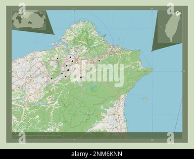 New Taipei City, Sondergemeinde Taiwan. Straßenkarte Öffnen. Standorte der wichtigsten Städte der Region. Eckkarten für zusätzliche Standorte Stockfoto