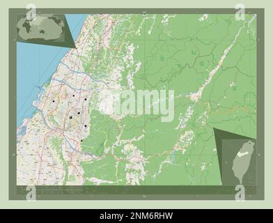 Taichung, Sondergemeinde Taiwan. Straßenkarte Öffnen. Standorte der wichtigsten Städte der Region. Eckkarten für zusätzliche Standorte Stockfoto