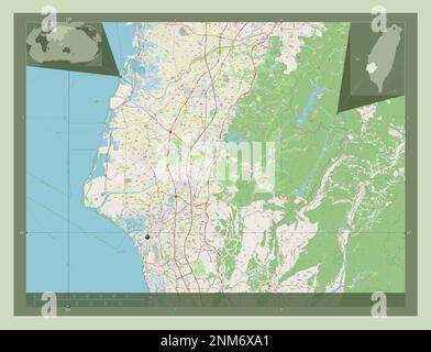 Tainan, Sondergemeinde Taiwan. Straßenkarte Öffnen. Eckkarten für zusätzliche Standorte Stockfoto