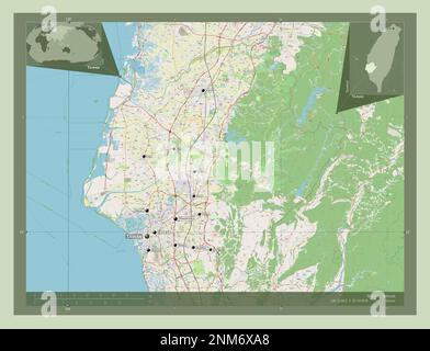 Tainan, Sondergemeinde Taiwan. Straßenkarte Öffnen. Standorte und Namen der wichtigsten Städte der Region. Eckkarten für zusätzliche Standorte Stockfoto