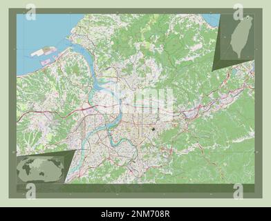 Taipei, Sondergemeinde Taiwan. Straßenkarte Öffnen. Eckkarten für zusätzliche Standorte Stockfoto