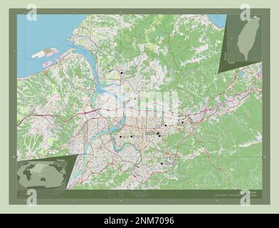 Taipei, Sondergemeinde Taiwan. Straßenkarte Öffnen. Standorte und Namen der wichtigsten Städte der Region. Eckkarten für zusätzliche Standorte Stockfoto