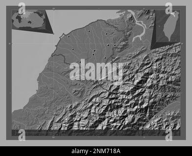 Taoyuan, Sondergemeinde Taiwan. Bilevel-Höhenkarte mit Seen und Flüssen. Standorte der wichtigsten Städte der Region. Zusätzliche Eckpunkte Stockfoto