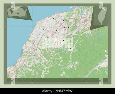Taoyuan, Sondergemeinde Taiwan. Straßenkarte Öffnen. Standorte der wichtigsten Städte der Region. Eckkarten für zusätzliche Standorte Stockfoto