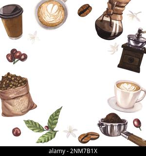 Aquarellrahmen der Kaffeeelemente-Sammlung. Handgezeichnete Darstellung isoliert auf weißem Hintergrund. Perfektes Konzept für Cafés, zum Kochen Stockfoto