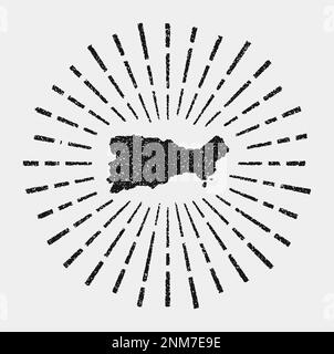 Alte Karte von Capri. Grunge-Sonnenaufgang rund um die Insel. Schwarze Capri-Form mit Sonnenstrahlen auf weißem Hintergrund. Vektordarstellung. Stock Vektor