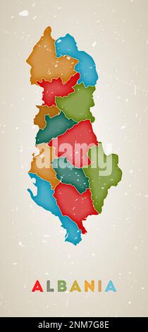 Karte Albaniens. Länderposter mit farbigen Bereichen. Alte Grunge-Textur. Vektordarstellung Albaniens mit Ländername. Stock Vektor