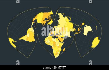 Weltkarte. Alan K. Philbricks unterbrochene Sinu-Mollweide-Projektion. Futuristische Weltanschauung für deine Infografik. Leuchtend gelbe Landfarben Stock Vektor