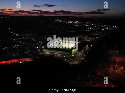 Ein allgemeiner Blick auf das Stadion vor dem Spiel der Betfred Super League im DW Stadium, Wigan. Foto: Freitag, 24. Februar 2023. Stockfoto