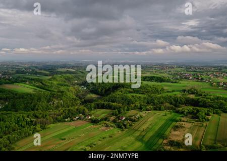Luftaufnahme des südlichen Teils des Ojcow-Nationalparks, Luftaufnahme des grünen Pradnik-Tals, Kleinpolen, Europa, Spätfrühling 2020 Stockfoto
