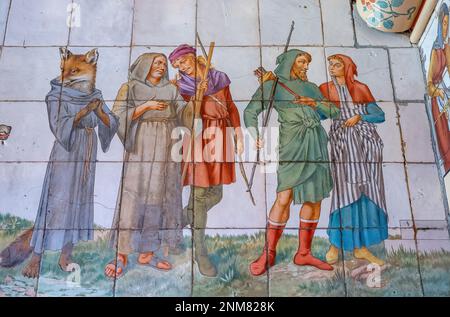 Das Schloss von Cardiff, Detail von Mosaik in der Baumschule; Darstellung von Robinhood und seine Gefährten, Cardiff, Wales Stockfoto