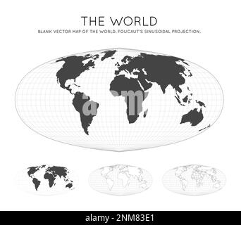 Karte der Welt. Sinusprojektion nach Foucaults. Globus mit Breiten- und Längengraden. Weltkarte auf Meridianen und Parallelen Hintergrund. Stock Vektor