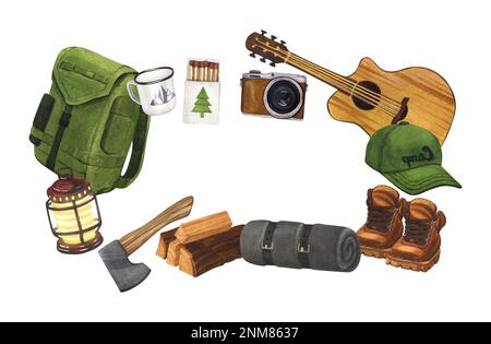 Aquarell, rund Komposition, mit Kamera, Rucksack, Gitarre, Stiefeln, Becher. Handgezeichnete Wanderung isoliert auf weißem Hintergrund. Für Stockfoto