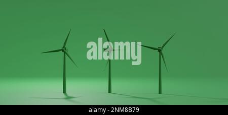 Konzeptionelle Zusammensetzung mit Green Energy Electricity Windmill Turbines auf grünem Hintergrund, 3D-Rendering Stockfoto