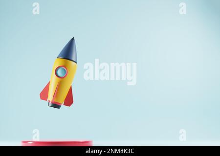 Rakete mit Kopierraum für Text auf blauem Hintergrund. Unternehmenskonzept für Startup-Unternehmen. 3D-Rendern Stockfoto